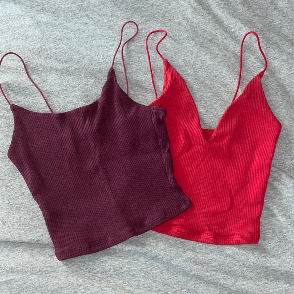 Burgundy and red bungee crop tops from Garage